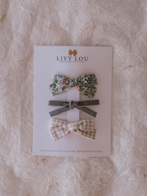 Load image into Gallery viewer, Our best-selling combination of three hairbows: Liberty of London bow, crochet bow, and velvet bow