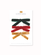 Load image into Gallery viewer, Green, Red, and Gold Mini Velvet Bows 3 piece sets