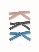 Load image into Gallery viewer, Pink, Grey, and Blue Mini Velvet Bow Clips 3 piece sets