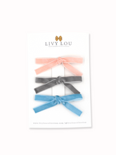 Load image into Gallery viewer, Pink, Grey, and Blue Mini Velvet Bow Clips 3 piece sets