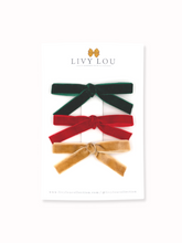Load image into Gallery viewer, Green, Red, and Gold Mini Velvet Bows 3 piece sets

