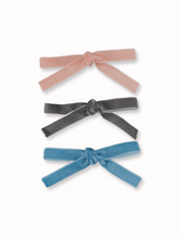 Load image into Gallery viewer, Pink, Grey, and Blue Mini Velvet Bow Clips 3 piece sets
