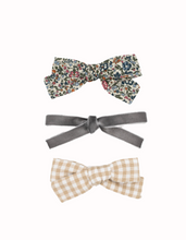 Load image into Gallery viewer, Our best-selling combination of three hairbows: Liberty of London bow, crochet bow, and velvet bow
